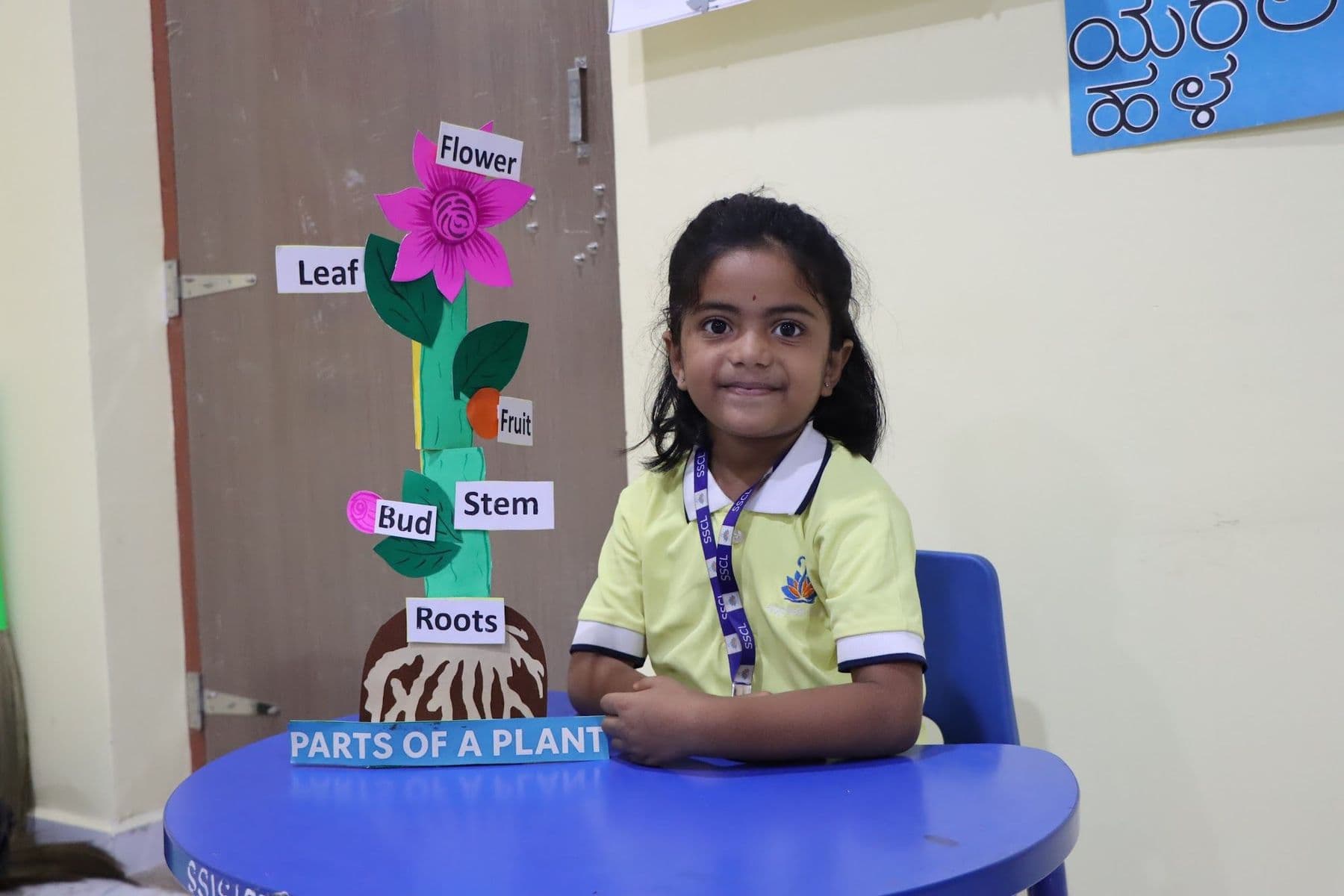 A girl beside the parts-of-a-plant model she labelled